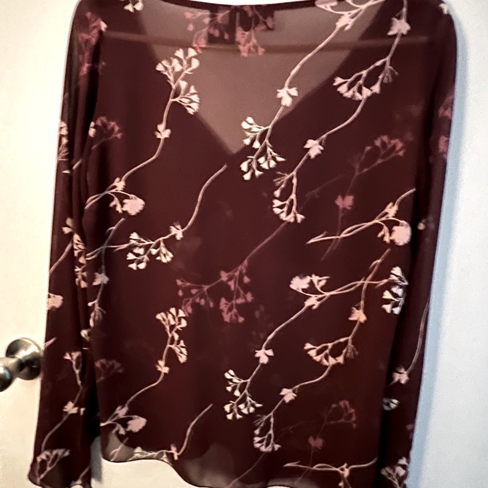 Burgundy floral see thru long bell sleeve shirt